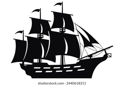 Silhouette of a Pirate Ship, Pirate boats and Old different Wooden Ships with Fluttering Flags
