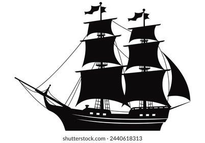 Silhouette of a Pirate Ship, Pirate boats and Old different Wooden Ships with Fluttering Flags
