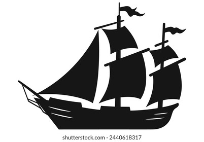 Silhouette eines Piratenschiffs, Piratenboote und alte verschiedene Holzschiffe mit flatternden Fahnen
