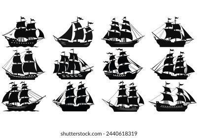 Silhouette of a Pirate Ship, Pirate boats and Old different Wooden Ships with Fluttering Flags
