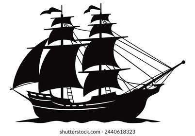 Silhouette of a Pirate Ship, Pirate boats and Old different Wooden Ships with Fluttering Flags
