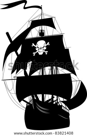 silhouette of a pirate ship with the image of a skeleton on the sail;
