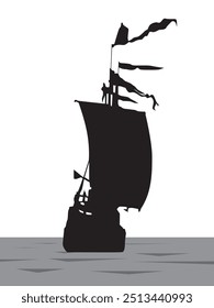 Silhouette of a pirate ship on a white background. Vector illustration for design of prints in nautical vintage style