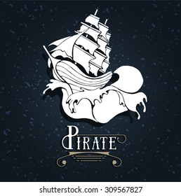 Silhouette of a pirate ship with waves. Sail label with calligraphy. Old school tattoo. Graphic for games. Frigate, marine.