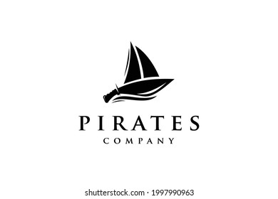 Silhouette of Pirates logo with sword and ship logo design