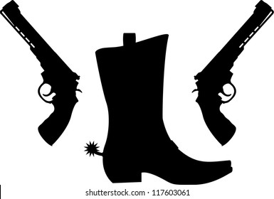 Silhouette Of Pistols And Boot With Spurs. Vector Illustration