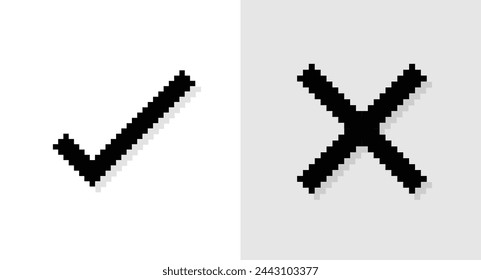 Silhouette pixel art, 90s mood, 8bit retro style silhouette check mark and cross mark, set of black tick and cross icons or symbols on pixelated style vector illustration