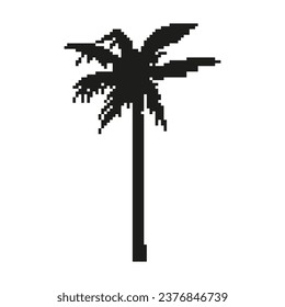 Silhouette of pixel palm tree. Game style of 90s, 8-bit. Black tropical beach tree on white background. Trunk and palm leaves. Botany, nature. Isolated object. Vector illustration.