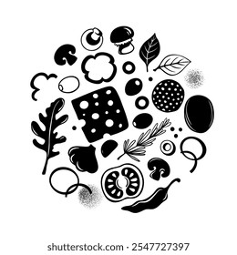 Silhueta de ingredientes de pizza. Ilustração de vetor de estilo plano