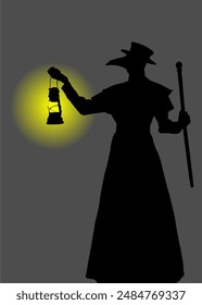 silhouette of a plague doctor, carrying a lantern