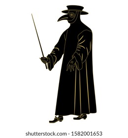 Silhouette Of Plague Doctor. Medieval Spooky Costume With Long Beak..