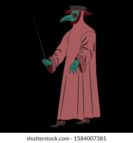 Silhouette of plague doctor. Medieval spooky costume with long beak. On black background.