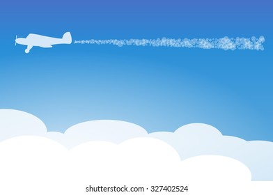 silhouette of the plane and clouds on blue background