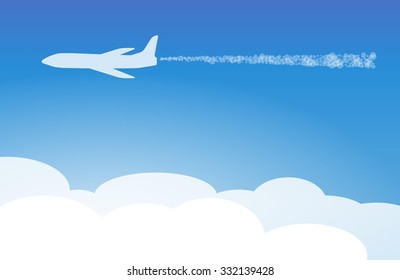 silhouette of the plane and clouds on blue background