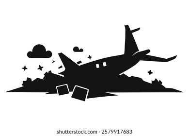 Silhouette of a Plane Crashing with Smoke Trail Vector Illustration on White Background