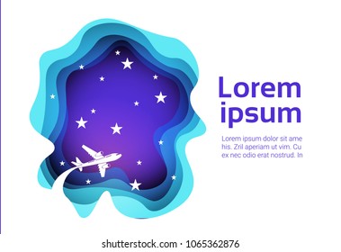 Silhouette Plane Fly In Night Sky Isolated On White Background With Copy Space