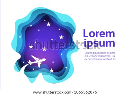 Silhouette Plane Fly In Night Sky Isolated On White Background With Copy Space