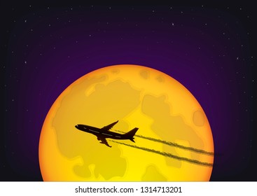 silhouette of the plane flying against the background of the full moon and the starry night sky, horizontal vector illustration