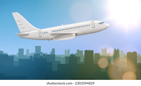 Silhouette Of Plane Flying In Sky Over Cityscape. EPS10 Vector