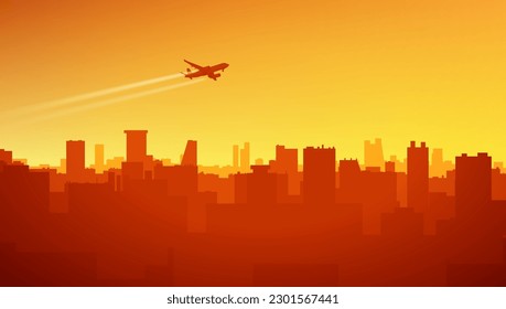 Silhouette Of Plane Flying In Sunset Sky Over Cityscape. EPS10 Vector