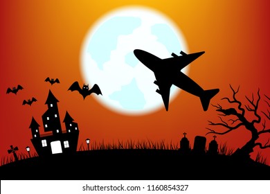 Silhouette Plane with a Moon on Spooky  forest in Halloween night