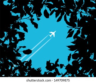 Silhouette of a plane over the trees, vector illustration