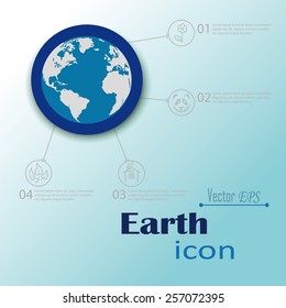 silhouette planet Earth in the blue circle which runs pointers  icons symbols relating to land earthly beauty flowers,plants health of  land,panda as animal welfare,as environmentally friendly home