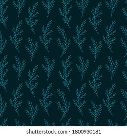 Silhouette of plant branches. Dark background. Seamless pattern.