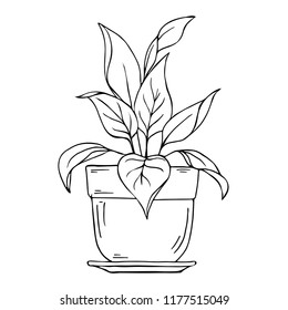 Silhouette plant in pot isolated on white background. Cartoon ink sketch. Hand drawn vector illustration.