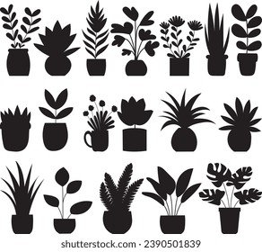 silhouette of plants in flower pots set on white background vector