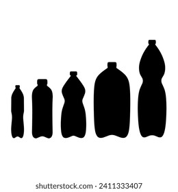 Silhouette einer Plastikflasche mit Wasser auf weißem Hintergrund. Die Plastikflaschenbehältnisse reichen von kleinen Flaschen bis hin zu großen Flaschen.