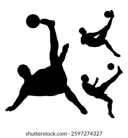 silhouette play football, player somersault with ball on white background