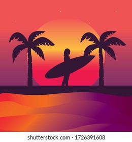silhouette of a player surfing on a sunset beach background