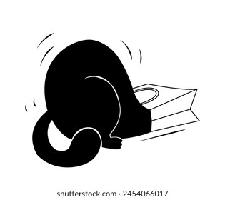 Silhouette of playful cat. Adorable hand drawn restless kitten climbs into bag. Funny furry pet or naughty animal with bad behavior. Cartoon flat vector illustration isolated on white background