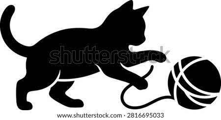 Silhouette of a playful cat batting at a ball of yarn with silhouette illustration domestic isolated veterinary domesticated