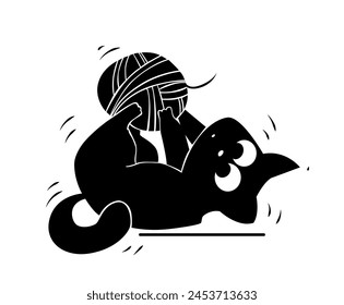 Silhouette of playful cat. Charming hand drawn black kitten lies on back and plays with ball of yarn. Doodle drawing with funny pet. Cartoon flat vector illustration isolated on white background