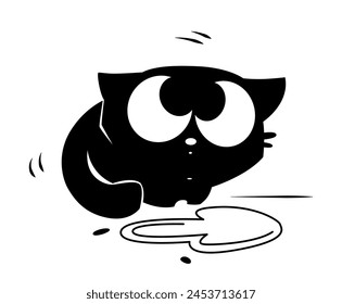 Silhouette of playful cat. Doodle sticker with adorable naughty kitten peeing past tray. Funny pet with guilty eyes and bad behavior. Cartoon flat vector illustration isolated on white background