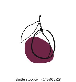 Silhouette plum, one line drawing fruit. Organic simple icon. Food object in minimal graphic hand drawn style. 