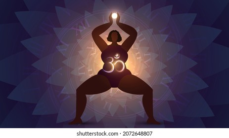 Silhouette of plus size african american woman in yoga position with light in hands and "Om" symbol