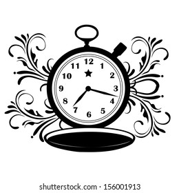 a silhouette of a pocket clock without chain but a star in its center with some pattern around it