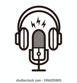 silhouette of podcast microphone with lightning sign for broadcast, music icon, etc - silhouette of podcast microphone with lightning sign logo or icon - line art of silhouette of podcast microphone a