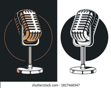Silhouette podcasting microphone recording isolated vector logo