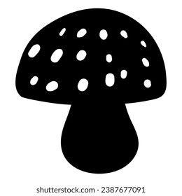 Silhouette of poisonous fly agaric mushroom, element of Thanksgiving day festive table decoration. Fly agaric mushroom contour symbol. Simple black shape vector icon isolated on white background