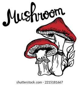 silhouette of poisonous mushrooms with a branch of leaves. one element. the outline of edible oyster mushrooms. The inscription MUSHROOMS. Suitable for magic, Halloween, poison potion.