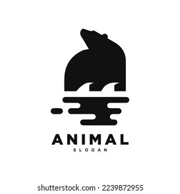 Silhouette polar bear logo design, bear with lake, river or water vector