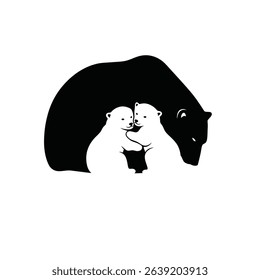 Silhouette: Polar Bear Mother Curled Around Cubs in Snow