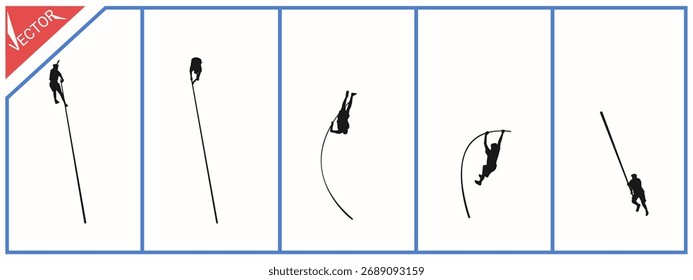 Silhouette of a pole vaulter. Different actions. Vector illustration.