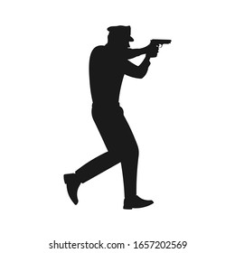 Silhouette of a police aiming a 9mm handgun pistol. Police making arrest. Police catching outlaw or criminal. Danger or dangerous. Crime scene sign or symbol - Vector illustration.