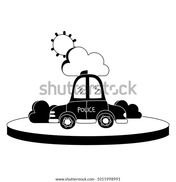 silhouette police\
car service with cloud and\
sun