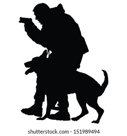 Silhouette Of A Police Officer With A Gun And His Dog Partner 